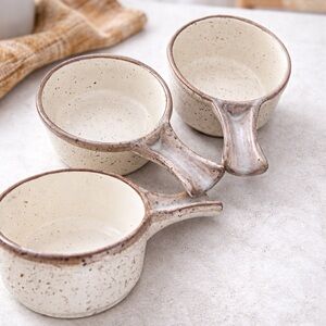 Speckled Cream Ceramic Soup Bowls with Handles rustic vintage made in canada 🇨🇦